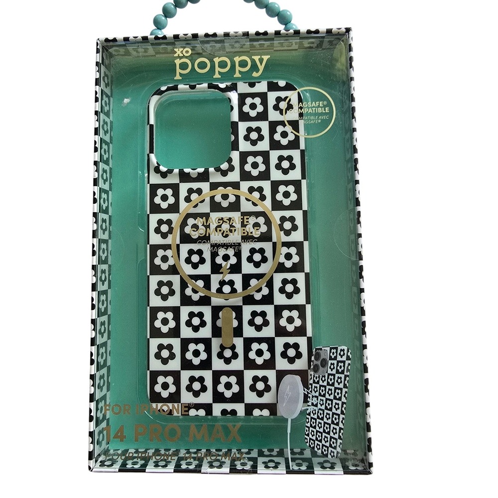 😀 xo‎ Poppy iPhone 14 Pro Max Phone Case Black White Floral MagSafe Compatible